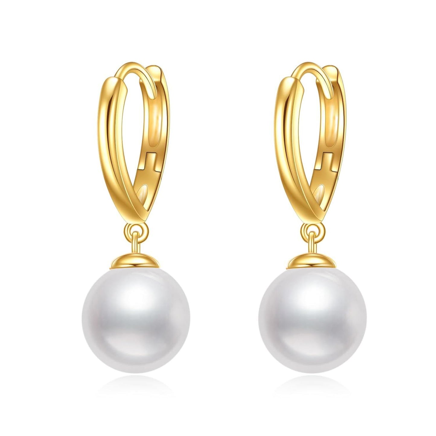 Solid 14K gold drop hoop earrings with freshwater cultured pearls on a white background.