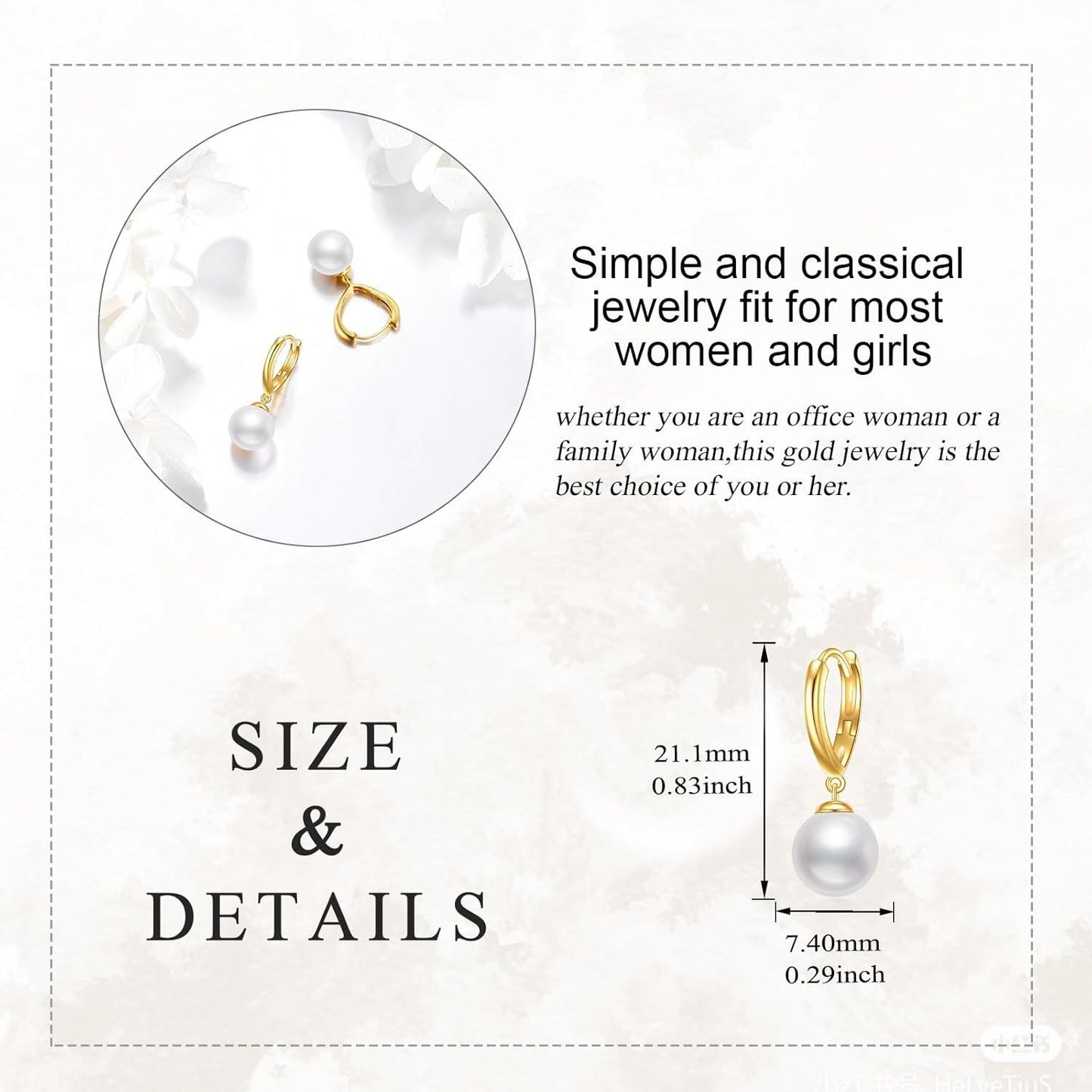 Size diagram for 14K gold pearl drop hoop earrings showing 21.1 × 7.4 mm dimensions.